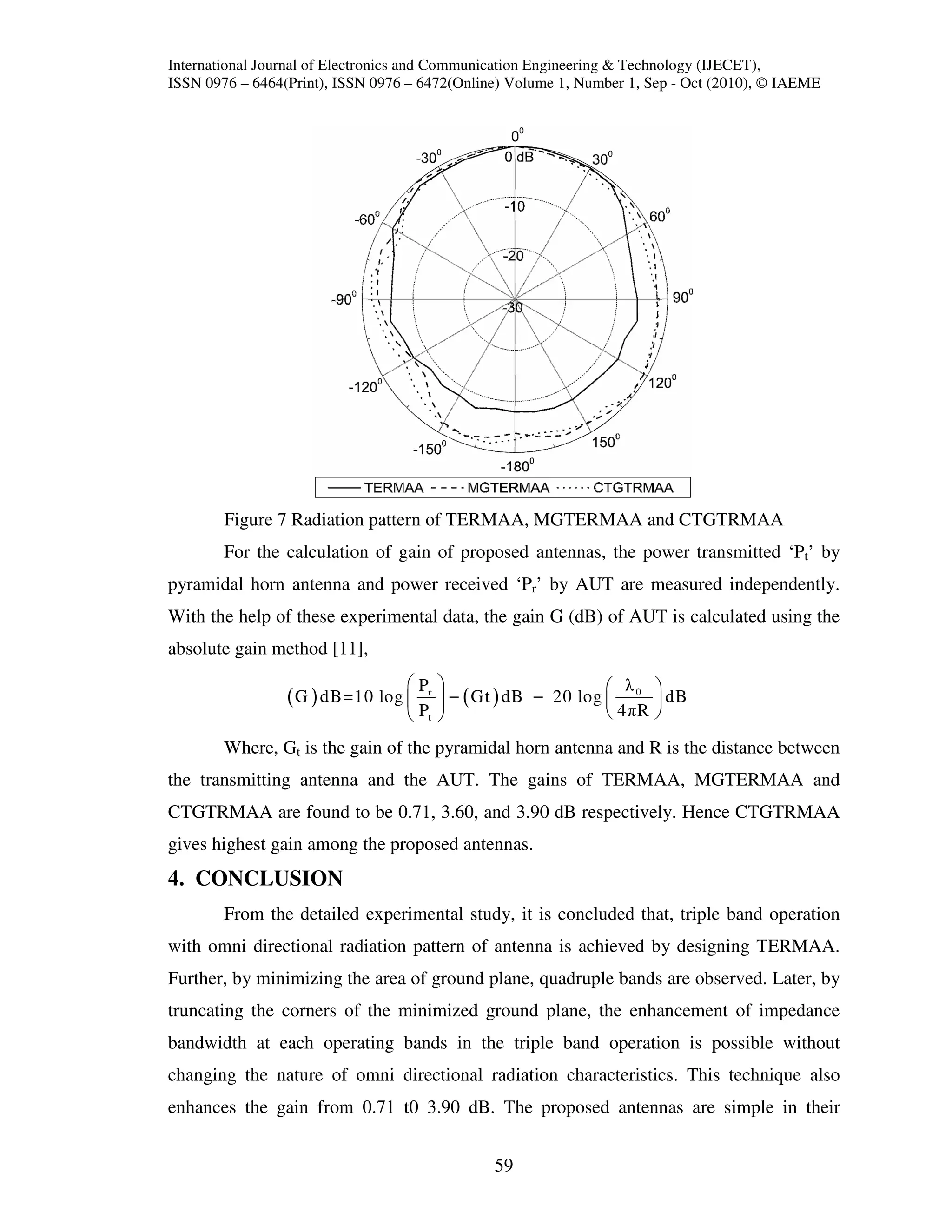 International Journal of Electronics and Communication Engineering & Technology (IJECET),
ISSN 0976 – 6464(Print), ISSN 0976 – 6472(Online) Volume 1, Number 1, Sep - Oct (2010), © IAEME




        Figure 7 Radiation pattern of TERMAA, MGTERMAA and CTGTRMAA
        For the calculation of gain of proposed antennas, the power transmitted ‘Pt’ by
pyramidal horn antenna and power received ‘Pr’ by AUT are measured independently.
With the help of these experimental data, the gain G (dB) of AUT is calculated using the
absolute gain method [11],
                                   Pr                          λ0    
                 ( G ) dB=10 log         − ( Gt ) dB − 20 log         dB
                                   Pt                          4πR   
        Where, Gt is the gain of the pyramidal horn antenna and R is the distance between
the transmitting antenna and the AUT. The gains of TERMAA, MGTERMAA and
CTGTRMAA are found to be 0.71, 3.60, and 3.90 dB respectively. Hence CTGTRMAA
gives highest gain among the proposed antennas.
4. CONCLUSION
        From the detailed experimental study, it is concluded that, triple band operation
with omni directional radiation pattern of antenna is achieved by designing TERMAA.
Further, by minimizing the area of ground plane, quadruple bands are observed. Later, by
truncating the corners of the minimized ground plane, the enhancement of impedance
bandwidth at each operating bands in the triple band operation is possible without
changing the nature of omni directional radiation characteristics. This technique also
enhances the gain from 0.71 t0 3.90 dB. The proposed antennas are simple in their


                                                59
 