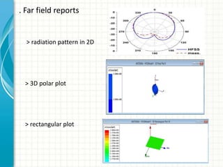 . Far field reports
> radiation pattern in 2D
> 3D polar plot
> rectangular plot
 