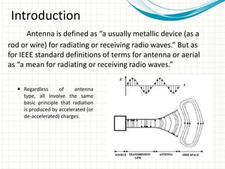 Introduction
Antenna is defined as “a usually metallic device (as a
rod or wire) for radiating or receiving radio waves.” But as
for IEEE standard definitions of terms for antenna or aerial
as “a mean for radiating or receiving radio waves.”
 Regardless of antenna
type, all involve the same
basic principle that radiation
is produced by accelerated (or
de-accelerated) charges.
 
