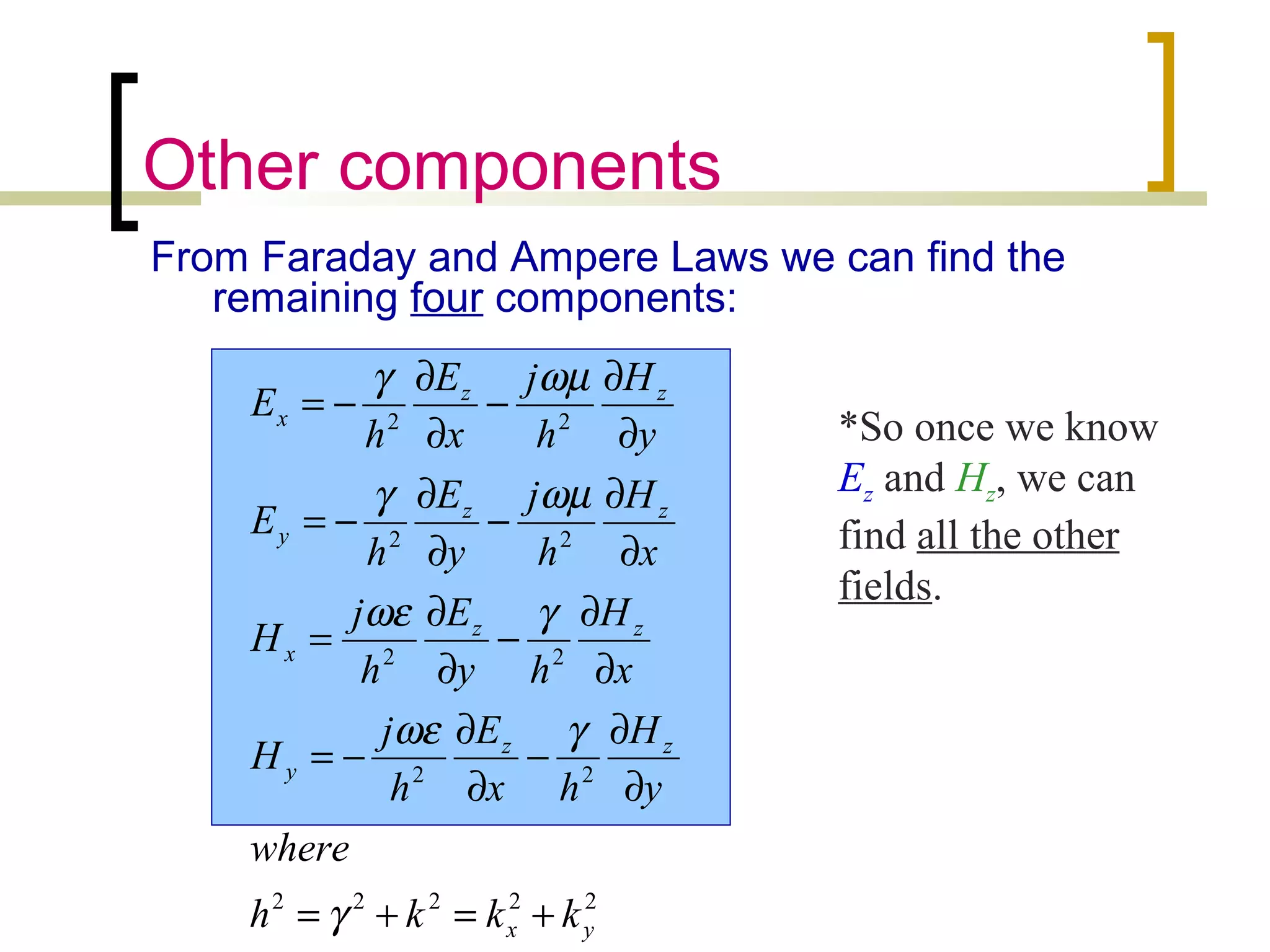 Other components
From Faraday and Ampere Laws we can find the
remaining four components:
22222
22
22
22
22
yx
zz
y
zz
x
zz
y
zz
x
kkkh
where
y
H
hx
E
h
j
H
x
H
hy
E
h
j
H
x
H
h
j
y
E
h
E
y
H
h
j
x
E
h
E
+=+=
∂
∂
−
∂
∂
−=
∂
∂
−
∂
∂
=
∂
∂
−
∂
∂
−=
∂
∂
−
∂
∂
−=
γ
γωε
γωε
ωµγ
ωµγ
*So once we know
Ez and Hz, we can
find all the other
fields.
 