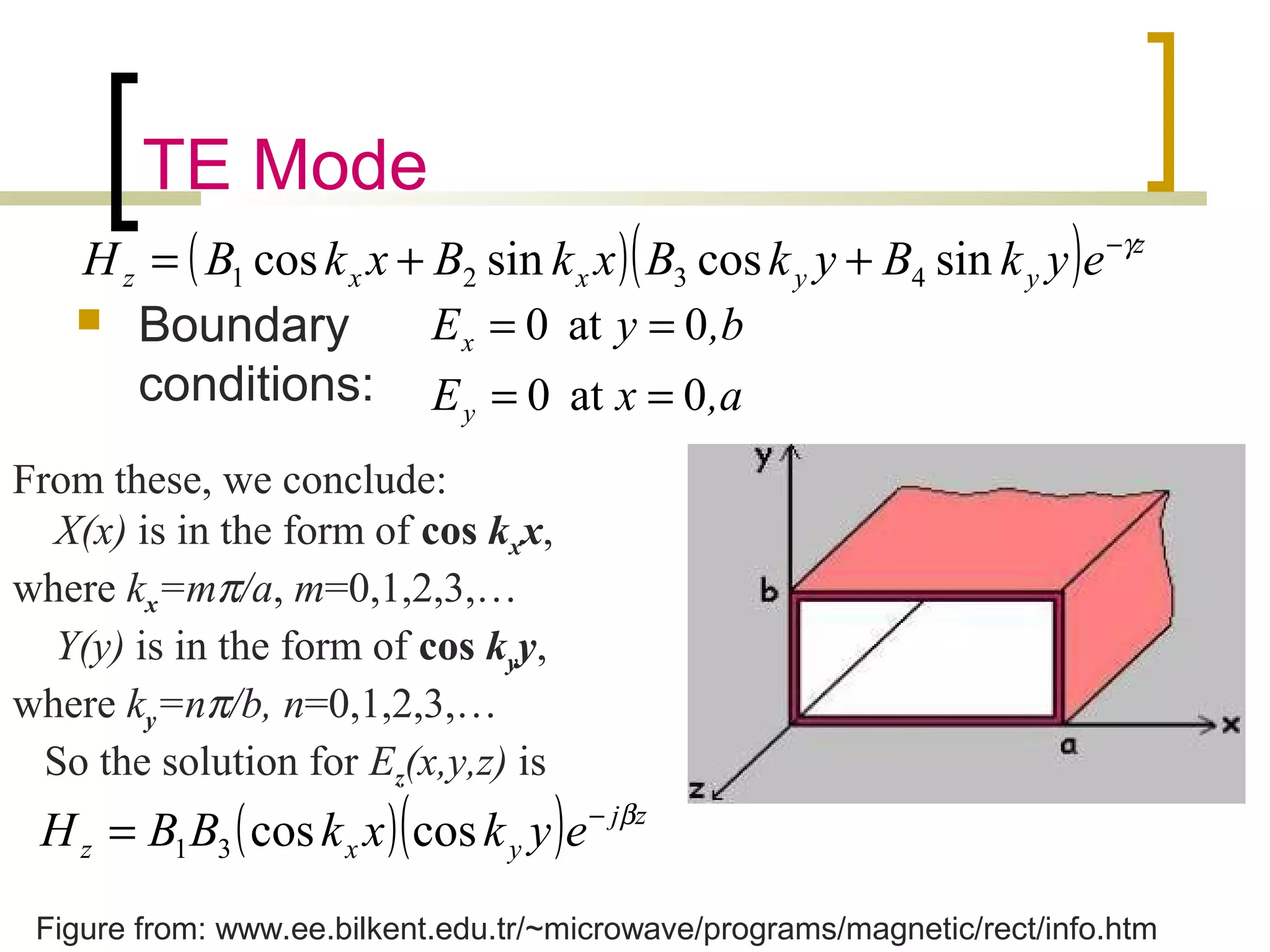 TE Mode
 Boundary
conditions: ,axE
,byE
y
x
0at0
0at0
==
==
Figure from: www.ee.bilkent.edu.tr/~microwave/programs/magnetic/rect/info.htm
( )( ) zj
yxz eykxkBBH β−
= coscos31
From these, we conclude:
X(x) is in the form of cos kxx,
where kx=mπ/a, m=0,1,2,3,…
Y(y) is in the form of cos kyy,
where ky=nπ/b, n=0,1,2,3,…
So the solution for Ez(x,y,z) is
( )( ) z
yyxxz eykBykBxkBxkBH γ−
++= sincossincos 4321
 
