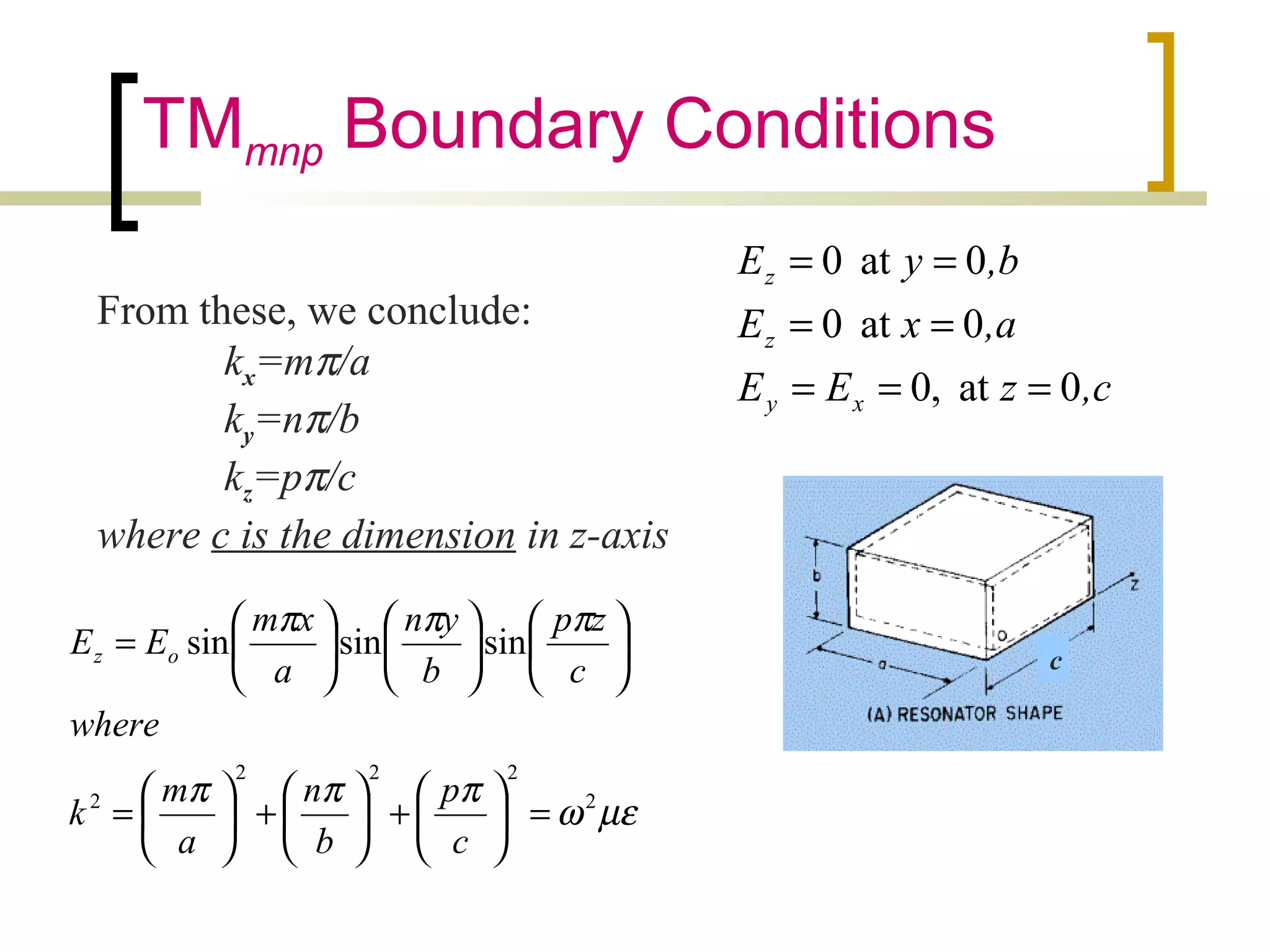 TMmnp Boundary Conditions
,czEE
,axE
,byE
xy
z
z
0at,0
0at0
0at0
===
==
==
From these, we conclude:
kx=mπ/a
ky=nπ/b
kz=pπ/c
where c is the dimension in z-axis
µεω
πππ
πππ
2
222
2
sinsinsin
=





+





+





=


















=
c
p
b
n
a
m
k
where
c
zp
b
yn
a
xm
EE oz c
 