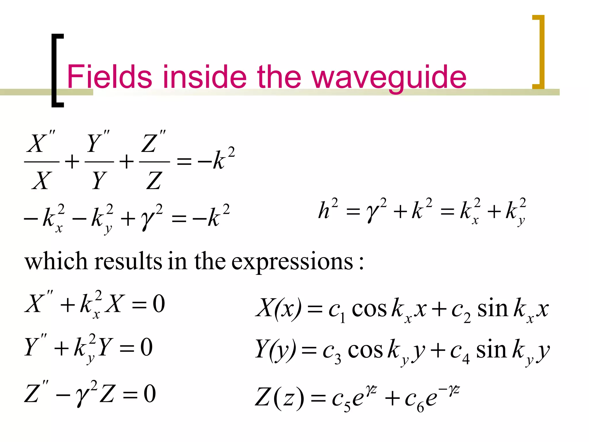 Fields inside the waveguide
0
0
0
:sexpressionin theresultswhich
2
2
2
2222
2
=−
=+
=+
−=+−−
−=++
ZZ
YkY
XkX
kkk
k
Z
Z
Y
Y
X
X
''
y
''
x
''
yx
''''''
γ
γ
zz
yy
xx
ececzZ
ykcykcY(y)
xkcxkcX(x)
γγ −
+=
+=
+=
65
43
21
)(
sincos
sincos
22222
yx kkkh +=+= γ
 