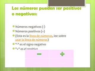 Los números pueden ser positivos o negativos: <ul><li>Números negativos (-) </li></ul><ul><li>Números positivos (+) </li><...