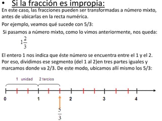 • Si la fracción es impropia:
En este caso, las fracciones pueden ser transformadas a número mixto,
antes de ubicarlas en la recta numérica.
Por ejemplo, veamos qué sucede con 5/3:
Si pasamos a número mixto, como lo vimos anteriormente, nos queda:
El entero 1 nos indica que éste número se encuentra entre el 1 y el 2.
Por eso, dividimos ese segmento (del 1 al 2)en tres partes iguales y
marcamos donde va 2/3. De este modo, ubicamos allí mismo los 5/3:
 