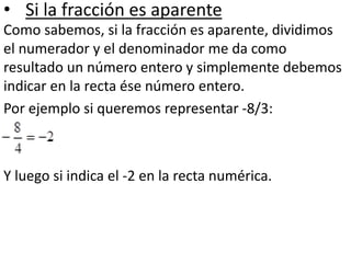 • Si la fracción es aparente
Como sabemos, si la fracción es aparente, dividimos
el numerador y el denominador me da como
resultado un número entero y simplemente debemos
indicar en la recta ése número entero.
Por ejemplo si queremos representar -8/3:
Y luego si indica el -2 en la recta numérica.
 