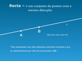 ●   A ●  B r Não tem início nem fim Para representar uma recta utilizamos uma letra minúscula ( r,s,t ),  ou representamo-la por dois dos seus pontos (  AB   ) Recta   –  é um conjunto de pontos com a mesma direcção. 