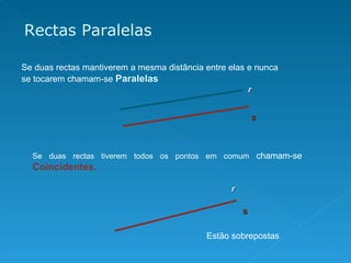 Se duas rectas mantiverem a mesma distância entre elas e nunca se tocarem chamam-se  Paralelas  r s Se duas rectas tiverem todos os pontos em comum  chamam-se   Coincidentes.   r s Estão sobrepostas Rectas Paralelas 