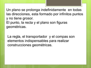 Un plano se prolonga indefinidamente en todas
las direcciones, esta formado por infinitos puntos
y no tiene grosor.
El punto, la recta y el plano son figuras
geométricas.
La regla, el transportador y el compas son
elementos indispensables para realizar
construcciones geométricas.
 