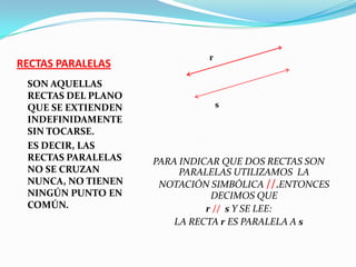 RECTAS PARALELASSON AQUELLAS RECTAS DEL PLANO QUE SE EXTIENDEN INDEFINIDAMENTE SIN TOCARSE.ES DECIR, LAS RECTAS PARALELAS NO SE CRUZAN NUNCA, NO TIENEN NINGÚN PUNTO EN COMÚN.PARA INDICAR QUE DOS RECTAS SON PARALELAS UTILIZAMOS LA NOTACIÓN SIMBÓLICA //.ENTONCES DECIMOS QUE r// s Y SE LEE: LA RECTA r ES PARALELA A srs