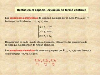 Rectas en el espacio: ecuación en forma continua Las  ecuaciones paramétricas  de la recta r que pasa por el punto P (x 0 ,y 0 ,z 0 )  y tienen por vector director  (v 1 ,v 2 ,v 3 ) son:  Las  ecuaciones simétricas  de la recta  r  que pasa por P(x o , y o , z o ) y que tiene por vector director (v1, v2, v3) son:  Despejando t en cada una de ellas e igualando, obtenemos las ecuaciones de la recta que no dependen de ningún parámetro 