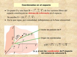 Coordenadas en el espacio ( x, y, z) son las  coordenadas  de P respecto del sistema de referencia S. Vector de posición de P Origen de coordenadas 