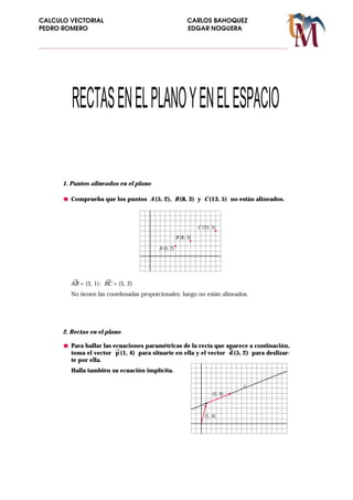 CALCULO VECTORIAL                                          CARLOS BAHOQUEZ
PEDRO ROMERO                                               EDGAR NOGUERA




         RECTAS EN EL PLANO Y EN EL ESPACIO

      1. Puntos alineados en el plano

         Comprueba que los puntos A (5, 2), B (8, 3) y C (13, 5) no están alineados.



                                                                C (13, 5)

                                                     B (8, 3)

                                          A (5, 2)




         →            →
        AB = (3, 1); BC = (5, 2)
         No tienen las coordenadas proporcionales; luego no están alineados.




      2. Rectas en el plano

         Para hallar las ecuaciones paramétricas de la recta que aparece a continación,
                          →                                        →
         toma el vector p (1, 4) para situarte en ella y el vector d (5, 2) para deslizar-
         te por ella.
         Halla también su ecuación implícita.

                                                                                r
                                                                       (5, 2)



                                                                   (1, 4)
 