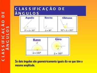 CLASSIFICAÇÃO DE ÂNGULOS   CLASSIFICAÇÃO DE ÂNGULOS Se dois ângulos são geometricamente iguais diz-se que têm a mesma amplitude. 