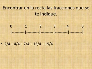 Encontrar en la recta las fracciones que se
te indique.
0
1
2
3
4
5
|----------|----------|----------|----------|----------|
• 2/4 – 4/4 – 7/4 – 15/4 – 19/4
