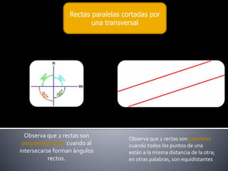 Rectas paralelas cortadas por
una transversal
Observa que 2 rectas son
perpendiculares cuando al
intersecarse forman ángulos
rectos.
Observa que 2 rectas son paralelas
cuando todos los puntos de una
están a la misma distancia de la otra;
en otras palabras, son equidistantes
 