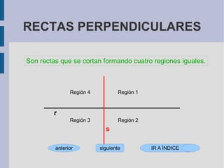 RECTAS PERPENDICULARES Son rectas que se cortan formando cuatro regiones iguales. r s Región 1 Región 2 Región 3 Región 4 siguiente IR A ÍNDICE 