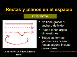 Rectas y planos en el espacio
ELEMENTOS






La sucesión de líneas forman
rectas

No tiene grosor ni
anchura definido....