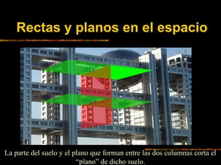 Rectas y planos en el espacio

La parte del suelo y el plano que forman entre las dos columnas corta el
“plano” de dicho s...