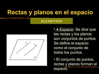 Rectas y planos en el espacio
ELEMENTOS

• 4-Espacio: Se dice que
las rectas y los planos
son conjuntos de puntos.
Se defi...