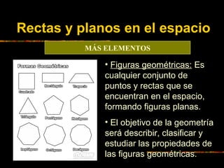 Rectas y planos en el espacio
MÁS ELEMENTOS

• Figuras geométricas: Es
cualquier conjunto de
puntos y rectas que se
encuen...