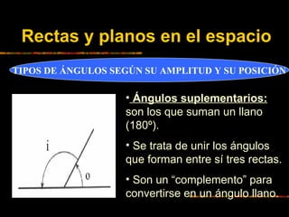 Rectas y planos en el espacio
TIPOS DE ÁNGULOS SEGÚN SU AMPLITUD Y SU POSICIÓN

• Ángulos suplementarios:
son los que suma...
