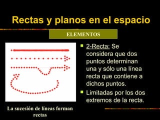 Rectas y planos en el espacio
ELEMENTOS




La sucesión de líneas forman
rectas

2-Recta: Se
considera que dos
puntos de...