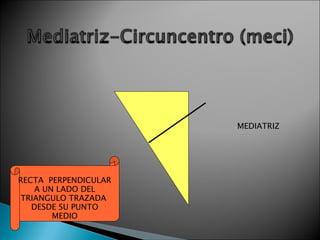 MEDIATRIZ RECTA  PERPENDICULAR A UN LADO DEL  TRIANGULO TRAZADA  DESDE SU PUNTO MEDIO 