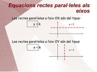 Rectes perpendiculars Siguin r i s dues rectes perpendiculars, amb pendents m i m’, llavors es compleix que: m · m’ = -1  Si els vectors directors de r i s són v 1  i v 2 , llavors el seu producte escalar és zero: v 1  · v 2  =  |v 1 | |v 2 | cos 90º = 0 Si les coordenades de v 1  són (a, b), les de v 2  són múltiple de (b, -a): v 1  · v 2  = (a, b)· (b, -a) = a · b – b · a = 0 