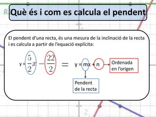 Què és i com es calcula el pendent

El pendent d’una recta, és una mesura de la inclinació de la recta
i es calcula a partir de l’equació explícita:


     y=                         y = mx + n       Ordenada
                                                 en l’origen

                                Pendent
                                de la recta
 