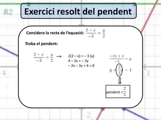 Exercici resolt del pendent

 Considera la recta de l’equació:

Troba el pendent:

                        2(2 – x) = – 3 (y)
                        4 – 2x = – 3y
de la recta.            – 2x – 3y + 4 = 0




                                             pendent =
 