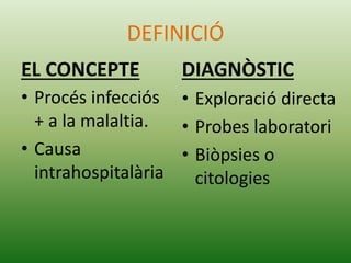 DEFINICIÓ
EL CONCEPTE
• Procés infecciós
+ a la malaltia.
• Causa
intrahospitalària
DIAGNÒSTIC
• Exploració directa
• Probes laboratori
• Biòpsies o
citologies
 