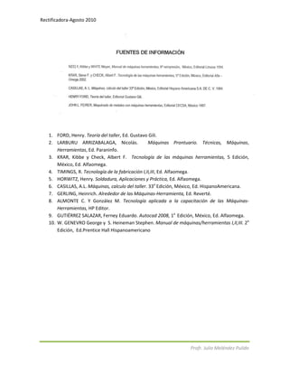 Rectificadora-Agosto 2010
Profr. Julio Meléndez Pulido
1. FORD, Henry. Teoría del taller, Ed. Gustavo Gili.
2. LARBURU ARRIZABALAGA, Nicolás. Máquinas Prontuario. Técnicas, Máquinas,
Herramientas, Ed. Paraninfo.
3. KRAR, Kibbe y Check, Albert F. Tecnología de las máquinas herramientas, 5 Edición,
México, Ed. Alfaomega.
4. TIMINGS, R. Tecnología de la fabricación I,II,III, Ed. Alfaomega.
5. HORWITZ, Henry. Soldadura, Aplicaciones y Práctica, Ed. Alfaomega.
6. CASILLAS, A.L. Máquinas, calculo del taller. 33a
Edición, México, Ed. HispanoAmericana.
7. GERLING, Heinrich. Alrededor de las Máquinas-Herramienta, Ed. Reverté.
8. ALMONTE C. Y González M. Tecnología aplicada a la capacitación de las Máquinas-
Herramientas, HP Editor.
9. GUTIÉRREZ SALAZAR, Ferney Eduardo. Autocad 2008, 1a
Edición, México, Ed. Alfaomega.
10. W. GENEVRO George y S. Heineman Stephen. Manual de máquinas/herramientas I,II,III. 2a
Edición, Ed.Prentice Hall Hispanoamericano
 
