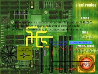 FiltradoFiltrado
Cuando se conecta una carga al circuito, la condición cambia.
Para comprender lo que sucede con el circuito puede
colocarse una resistencia, RRCC , como carga del sistema:
La tensión sobre la carga no es constante sino que varía con el
tiempo, lo que se conoce como “rizadorizado” o “rippleripple”.
C
CIRCUITO
RECTIFICADOR
RC
SALIDA RECTIF.
CON FILTRO
RIZADO O “RIPPLE”
VRc
t
 
