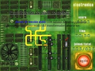 Rectificación de onda completaRectificación de onda completa
Una fuente de tensión doblefuente de tensión doble (con salidas negativa y positiva
respecto del punto medio del transformador) podría ser:
+
R
 