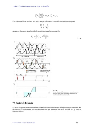 TEMA 7: CONVERTIDORES AC/DC: RECTIFICACIÓN




                                                    t1      ⎛ di ⎞
                                                ∫
                                                                               IC
                                                         LC ⎜ ⎟dt = LC iC      0
                                                                                    = LC I C
                                                t0
                                                            ⎝ dt ⎠

Esta conmutación se produce seis veces por período, es decir, en cada intervalo de tiempo de:

                                                             2π 1   1
                                                                  =
                                                              6 ω 6f
por eso, si llamamos VX a la caída de tensión debida a la conmutación:

                                                3                   6 LC I C
                                    VX =                 X C IC =
                                                π                      T                                                              E 7.79




                                                                                    Fig 7. 59
                                                                                    Formas de onda de las tensiones y las corrientes con
                                                                                    variación de ∀, en un rectificador monofásico con
                                                                                    transformador de toma intermedia.




7.9 Factor de Potencia

El factor de potencia en rectificadores dependerá considerablemente del tipo de carga conectada. En
el caso de los controlados, nos encontramos con que presentan un factor inferior a 1, y a veces
bastante inferior.




© Universidad de Jaén; J. D. Aguilar; M. Olid                                                                                      80
 