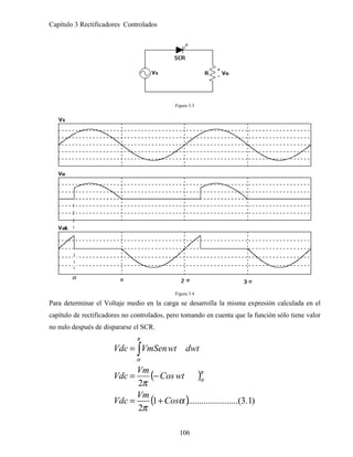 Capítulo 3 Rectificadores Controlados
106
Figura 3.3
Figura 3.4
Para determinar el Voltaje medio en la carga se desarrolla la misma expresión calculada en el
capítulo de rectificadores no controlados, pero tomando en cuenta que la función sólo tiene valor
no nulo después de dispararse el SCR.
( )
( ) )
1
.
3
..(
..........
..........
1
2
2
α
π
π
π
α
π
α
Cos
Vm
Vdc
wt
Cos
Vm
Vdc
dwt
wt
VmSen
Vdc
+
=
−
=
= ∫
 