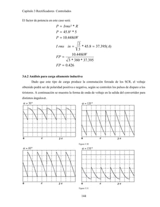 Capítulo 3 Rectificadores Controlados
144
El factor de potencia en este caso será:
426
.
0
395
.
37
*
380
*
3
448
.
10
)
(
395
.
37
8
.
45
*
3
2
448
.
10
5
*
²
8
.
45
*
²
=
=
=
=
=
=
=
FP
kW
FP
A
in
rms
I
kW
P
P
R
Irms
P
3.6.2 Análisis para carga altamente inductiva
Dado que este tipo de carga produce la conmutación forzada de los SCR, el voltaje
obtenido podrá ser de polaridad positiva o negativa, según se controlen los pulsos de disparo a los
tiristores. A continuación se muestra la forma de onda de voltaje en la salida del convertidor para
distintos ángulosα .
Figura 3.30
Figura 3.31
 