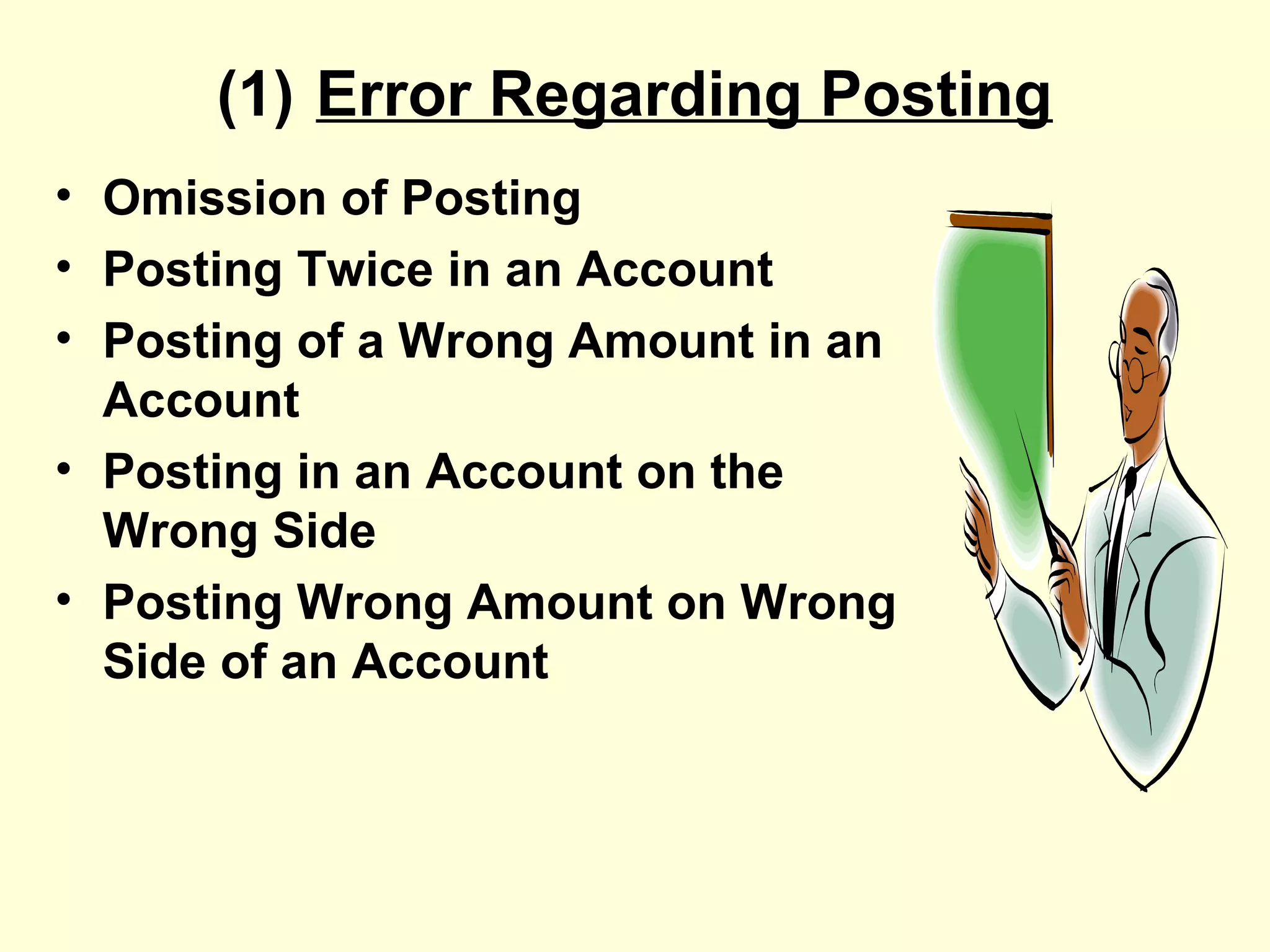 (1) Error Regarding Posting
• Omission of Posting
• Posting Twice in an Account
• Posting of a Wrong Amount in an
Account
• Posting in an Account on the
Wrong Side
• Posting Wrong Amount on Wrong
Side of an Account
 