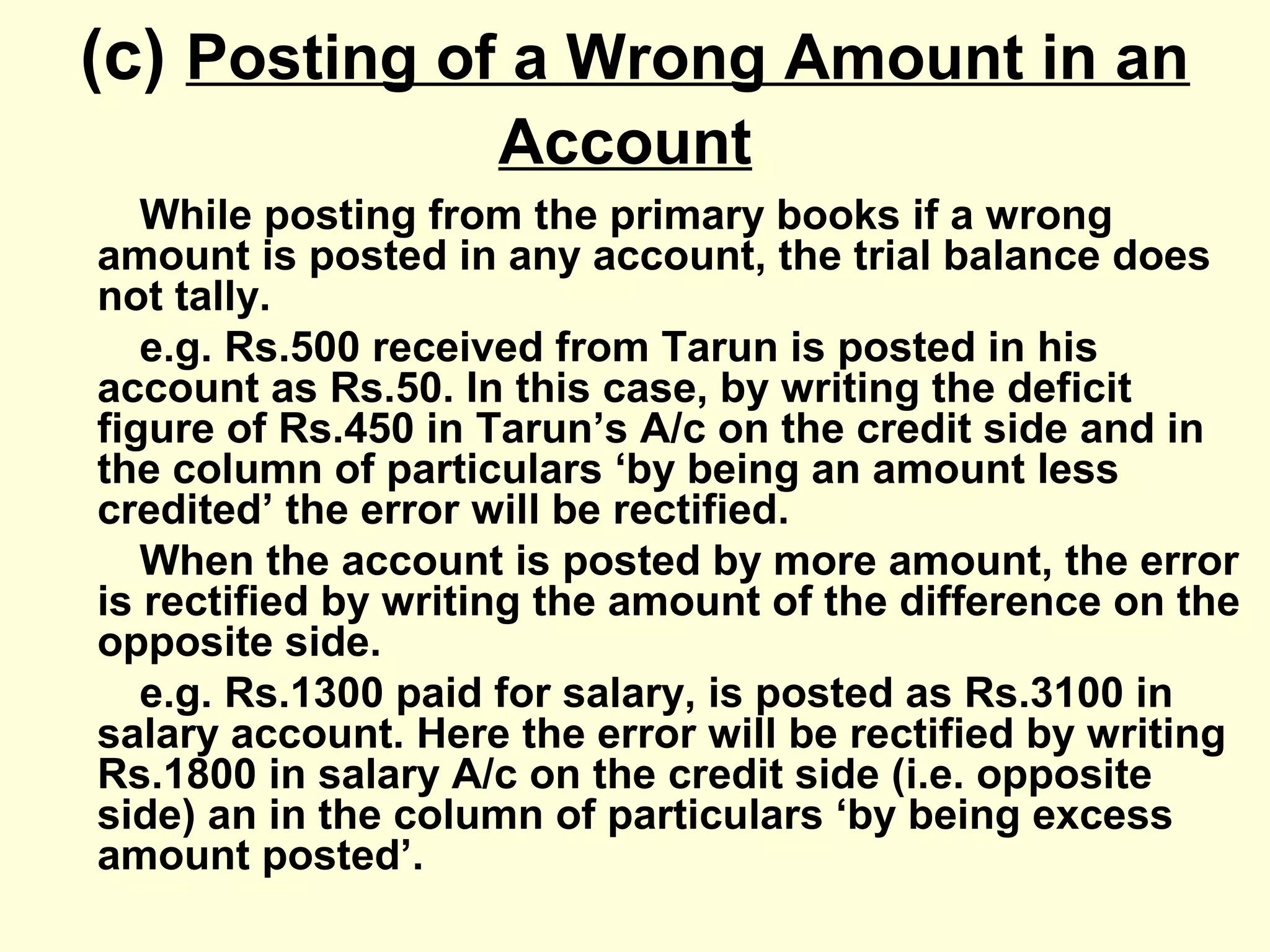 (c) Posting of a Wrong Amount in an
Account
While posting from the primary books if a wrong
amount is posted in any account, the trial balance does
not tally.
e.g. Rs.500 received from Tarun is posted in his
account as Rs.50. In this case, by writing the deficit
figure of Rs.450 in Tarun’s A/c on the credit side and in
the column of particulars ‘by being an amount less
credited’ the error will be rectified.
When the account is posted by more amount, the error
is rectified by writing the amount of the difference on the
opposite side.
e.g. Rs.1300 paid for salary, is posted as Rs.3100 in
salary account. Here the error will be rectified by writing
Rs.1800 in salary A/c on the credit side (i.e. opposite
side) an in the column of particulars ‘by being excess
amount posted’.
 