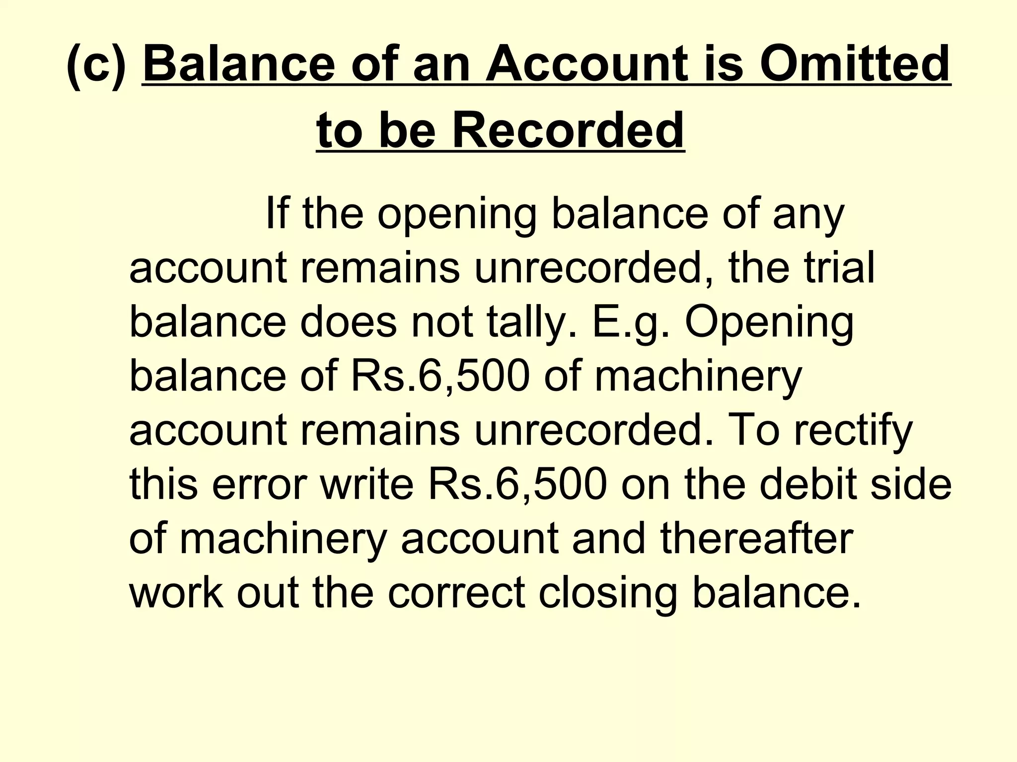 (c) Balance of an Account is Omitted
to be Recorded
If the opening balance of any
account remains unrecorded, the trial
balance does not tally. E.g. Opening
balance of Rs.6,500 of machinery
account remains unrecorded. To rectify
this error write Rs.6,500 on the debit side
of machinery account and thereafter
work out the correct closing balance.
 