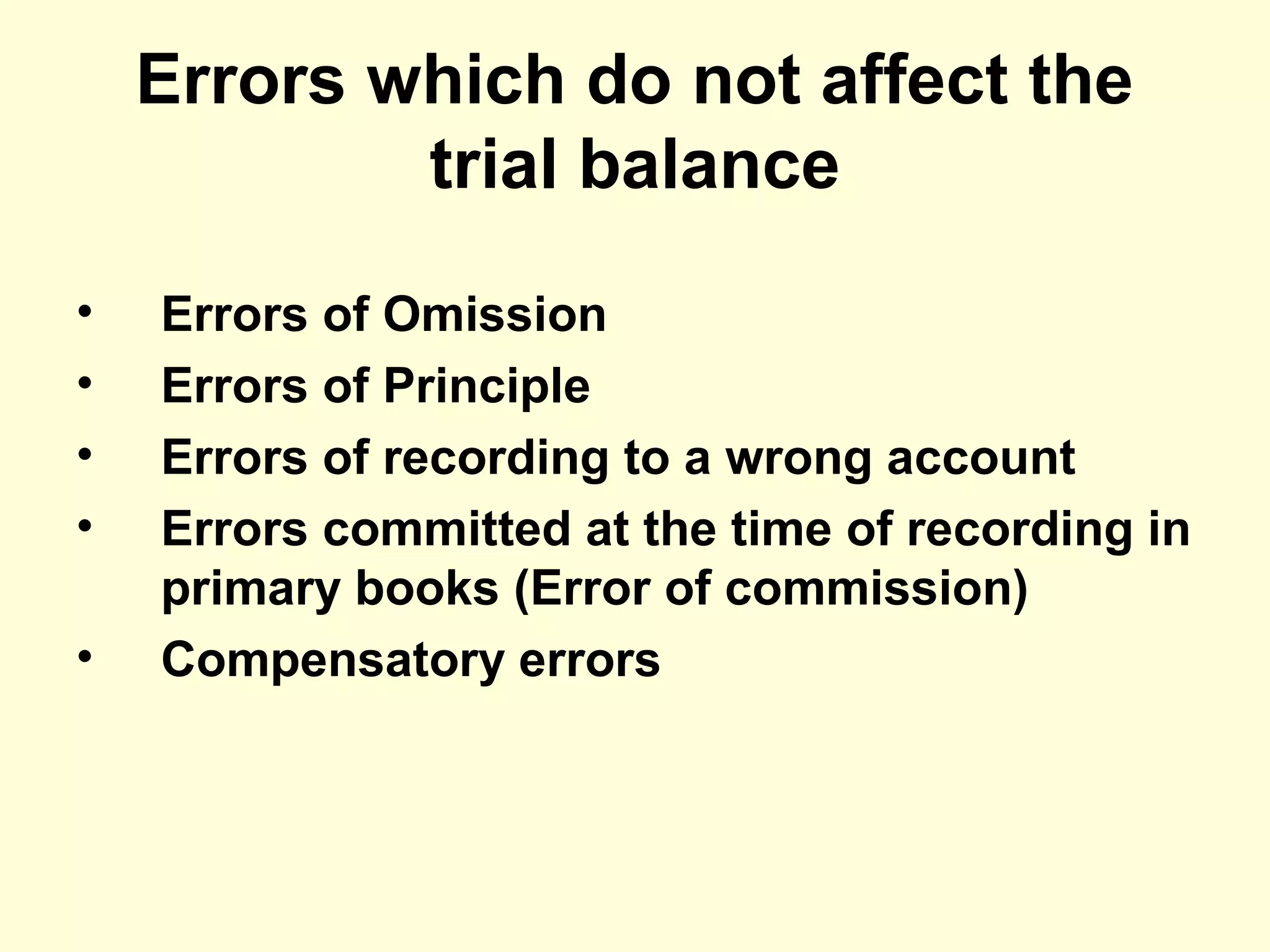 Errors which do not affect the
trial balance
• Errors of Omission
• Errors of Principle
• Errors of recording to a wrong account
• Errors committed at the time of recording in
primary books (Error of commission)
• Compensatory errors
 