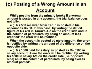 (c) Posting of a Wrong Amount in an
Account
While posting from the primary books if a wrong
amount is posted in any account, the trial balance does
not tally.
e.g. Rs.500 received from Tarun is posted in his
account as Rs.50. In this case, by writing the deficit
figure of Rs.450 in Tarun’s A/c on the credit side and in
the column of particulars ‘by being an amount less
credited’ the error will be rectified.
When the account is posted by more amount, the error
is rectified by writing the amount of the difference on the
opposite side.
e.g. Rs.1300 paid for salary, is posted as Rs.3100 in
salary account. Here the error will be rectified by writing
Rs.1800 in salary A/c on the credit side (i.e. opposite
side) an in the column of particulars ‘by being excess
amount posted’.
 
