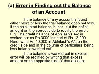 (a) Error in Finding out the Balance
of an Account
If the balance of any account is found
either more or less the trial balance does not tally.
If the calculated balance is less, put the deficit
amount on the correct side to rectify the error.
E.g. The credit balance of Abhilash’s A/c is
worked out as Rs.3000 instead of Rs.13,000.
Here, write Rs.10,000 in Abhilash’s A/c on the
credit side and in the column of particulars ‘being
less balance worked out’
If the balance is worked out in excess,
error will be rectified by writing that excess
amount on the opposite side of that account.
 