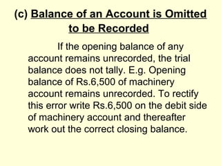 (c) Balance of an Account is Omitted
to be Recorded
If the opening balance of any
account remains unrecorded, the trial
balance does not tally. E.g. Opening
balance of Rs.6,500 of machinery
account remains unrecorded. To rectify
this error write Rs.6,500 on the debit side
of machinery account and thereafter
work out the correct closing balance.
 