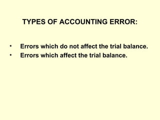 TYPES OF ACCOUNTING ERROR:
• Errors which do not affect the trial balance.
• Errors which affect the trial balance.
 