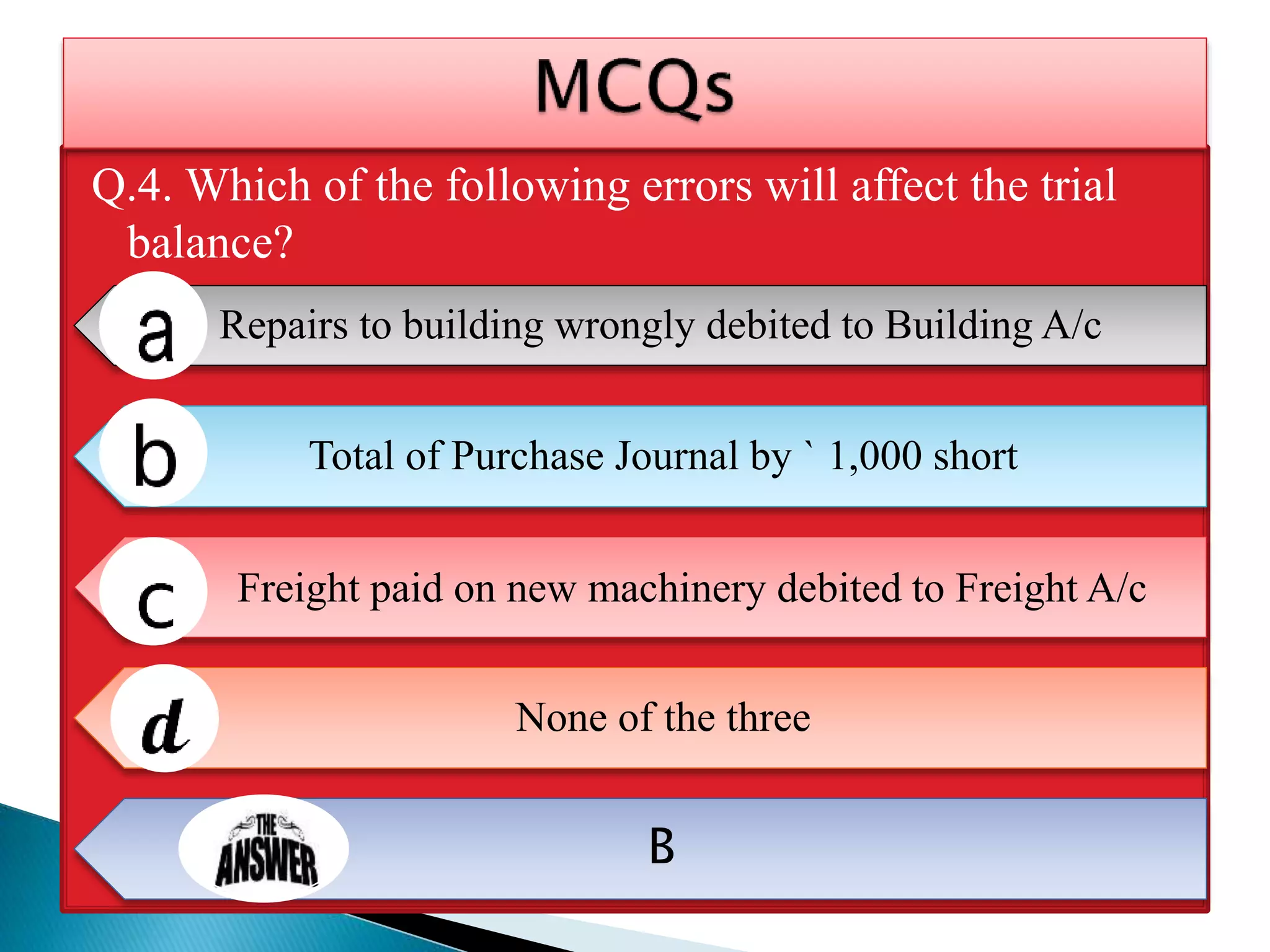 Q.4. Which of the following errors will affect the trial
balance?
Repairs to building wrongly debited to Building A/c
Total of Purchase Journal by ` 1,000 short
Freight paid on new machinery debited to Freight A/c
None of the three
B
 