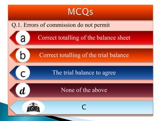 Q.1. Errors of commission do not permit
Correct totalling of the balance sheet
Correct totalling of the trial balance
The trial balance to agree
None of the above
C
 