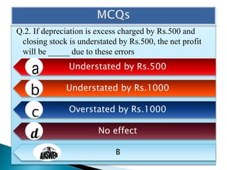 Q.2. If depreciation is excess charged by Rs.500 and
closing stock is understated by Rs.500, the net profit
will be _____ due to these errors
Understated by Rs.500
Understated by Rs.1000
Overstated by Rs.1000
No effect
B
 