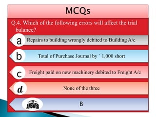 Q.4. Which of the following errors will affect the trial
balance?
Repairs to building wrongly debited to Building A/c
Total of Purchase Journal by ` 1,000 short
Freight paid on new machinery debited to Freight A/c
None of the three
B
 